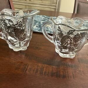 Vintage Fostoria Glass Baroque Sugar and Creamer Sterling Silver flowers overlay